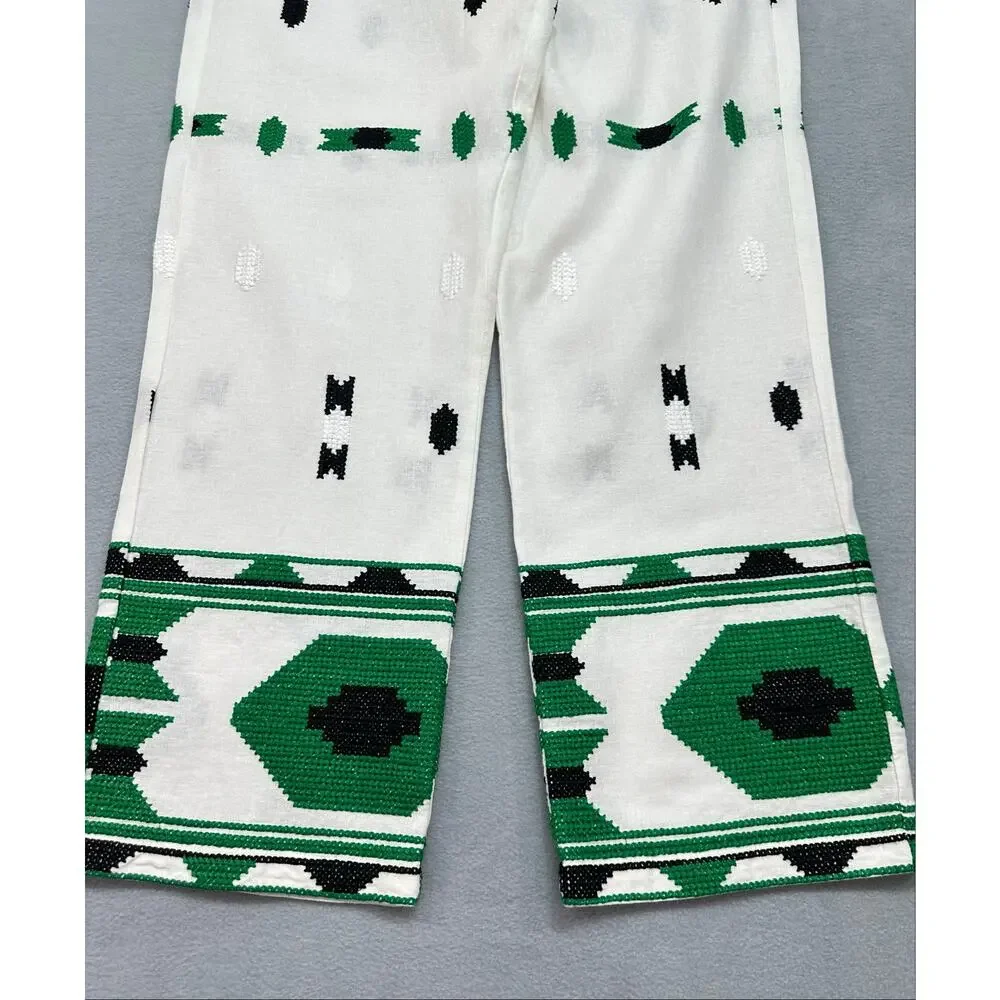 Zara Embroidered Linen Blend Geometric Pants White Green Black M